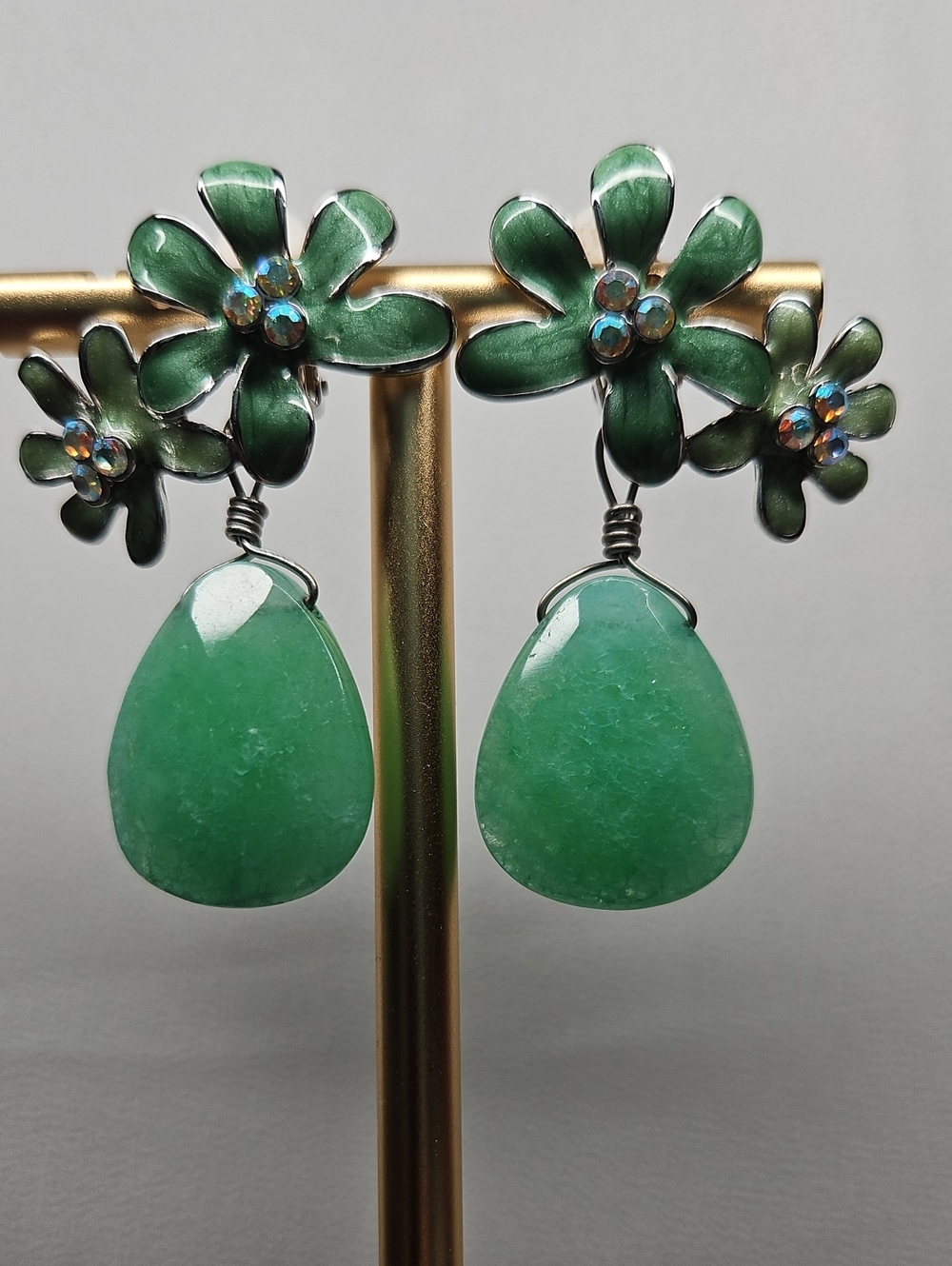 Green Floral Drop Earrings with Teardrop Stone - Unbranded Clip-on
